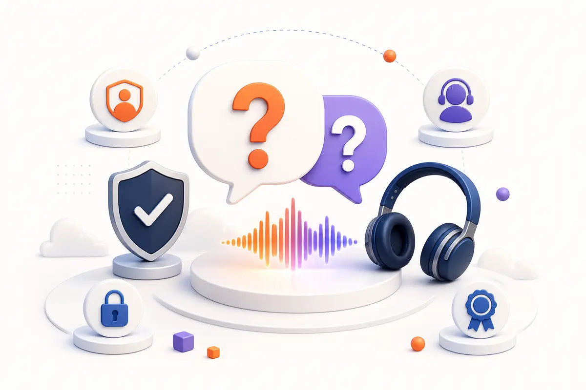 Audio help center with questions, headphones, and privacy symbols