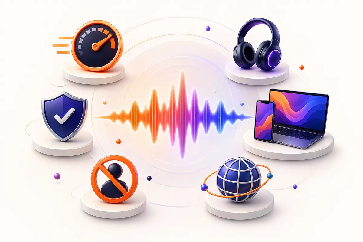 Audio waveform surrounded by symbols for speed, compatibility, privacy, and browser access